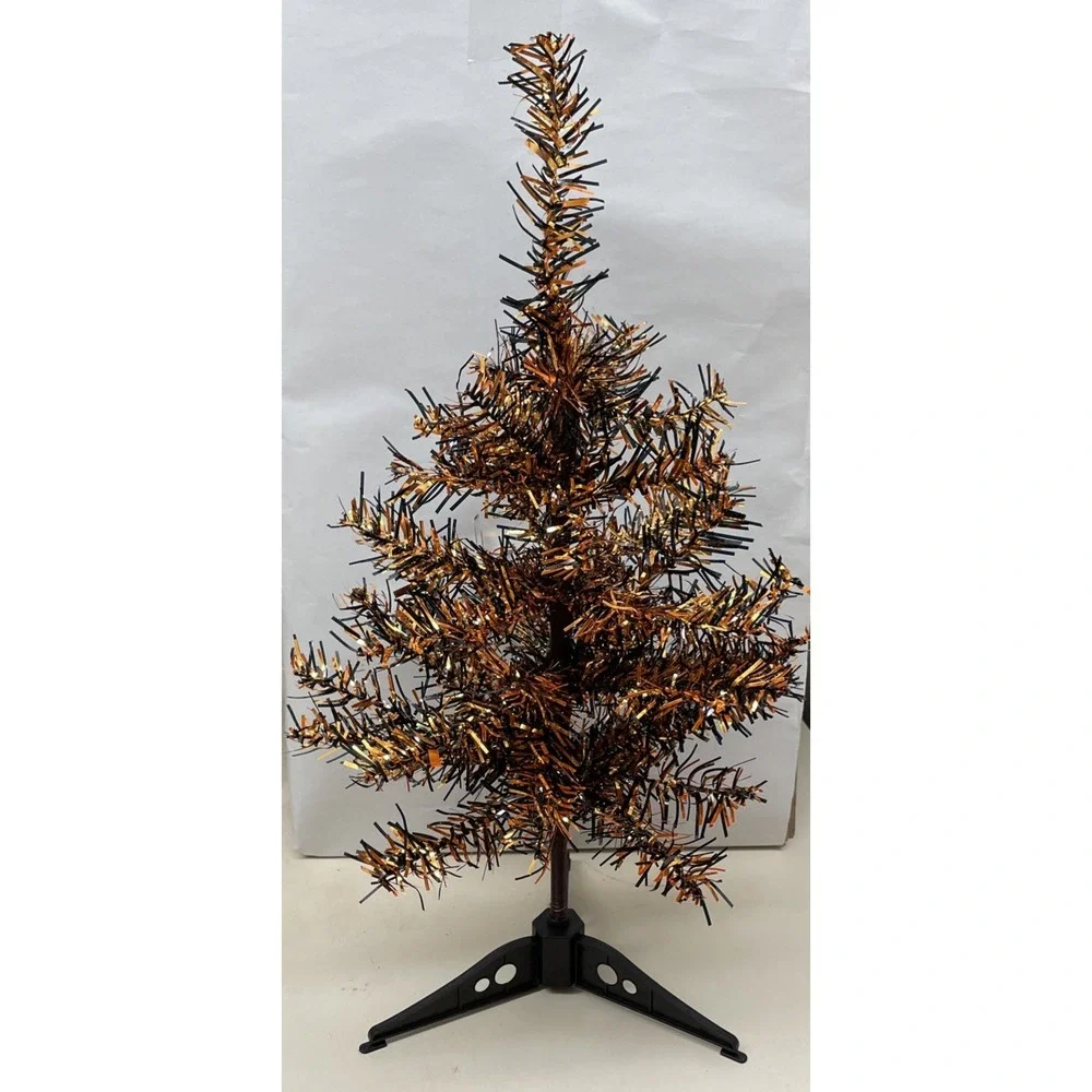 Mini Halloween Tinsel Tree Orange & Black  for Desk ,Tabletop 18